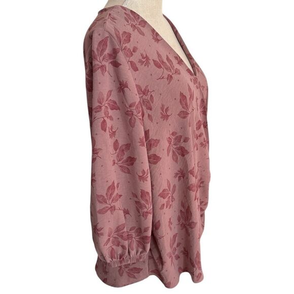 Olivia & Martin, Large, Pink Floral Faux Wrap Style Deep V Neck Blouse - Picture 3 of 8